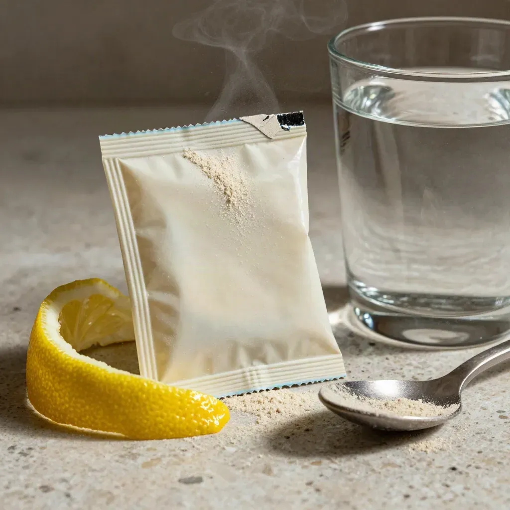 Torn electrolyte sachet, water glass, lemon rind and spoon on pale stone with powder haze.