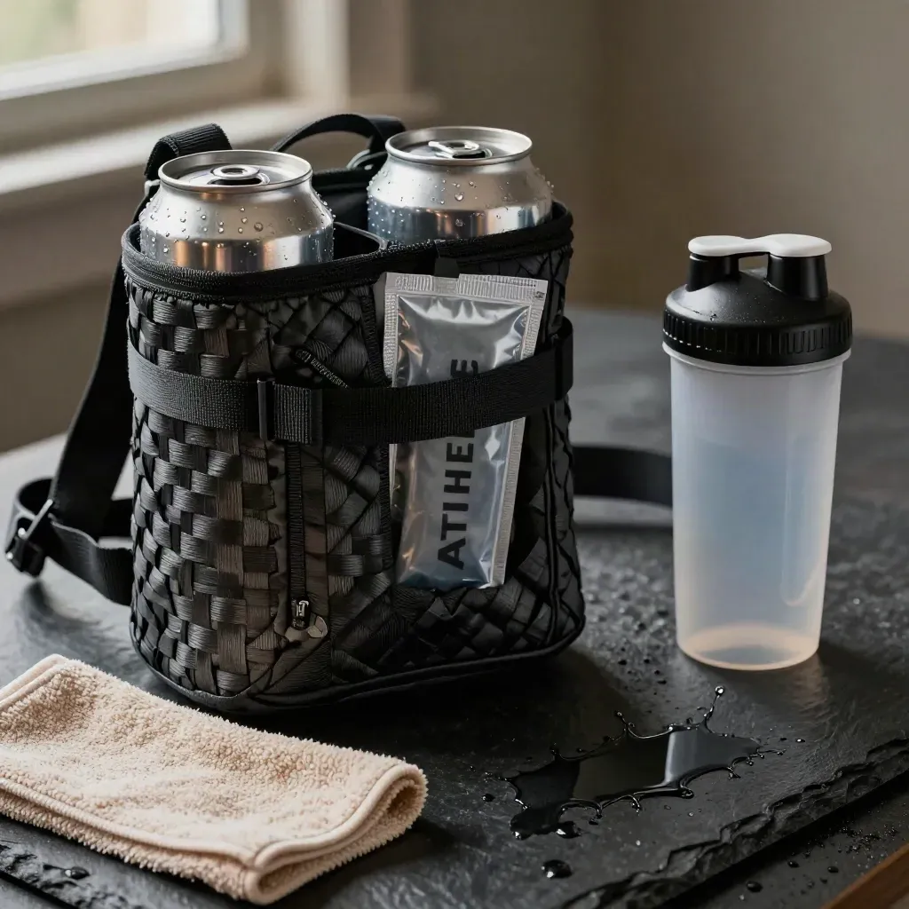 Hydration pack bundle with cans, sachets, shaker and wet towel on dark slate.