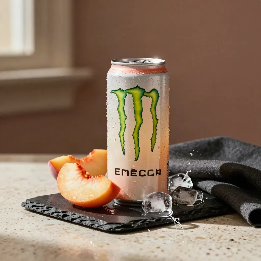 Peach energy drink can splashing with ice and peach slices on travertine, premium lifestyle shot.