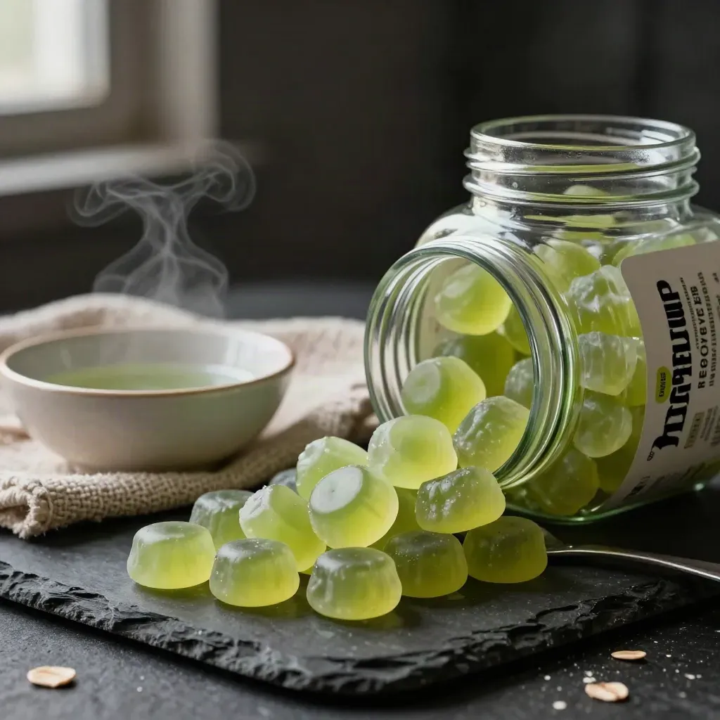 Jar of recovery gummies with spoon, knit towel, ceramic bowl, and lime-green gummies on dark stone.